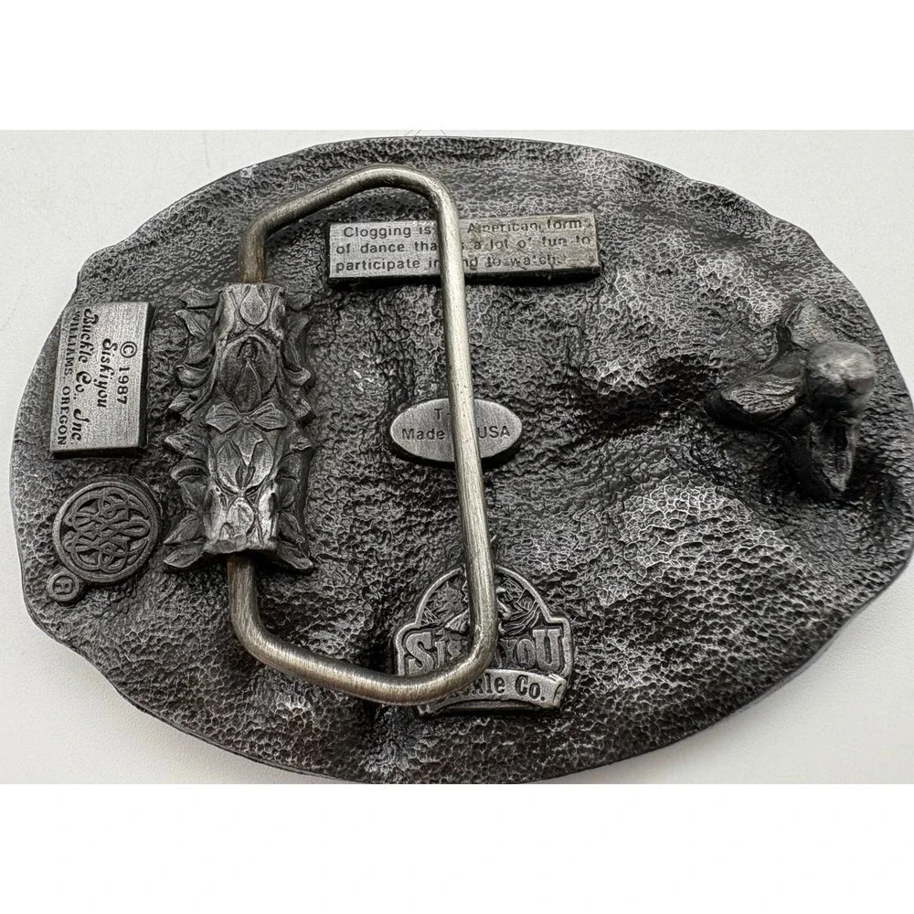 1987 Siskiyou Buckle Co Clogging Pewter Belt Buckle USA Dance Music Banjo Fiddle